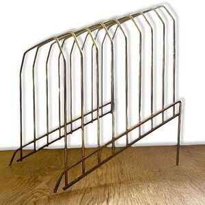 Vintage 1970’s Gold Brass Tone Lacquer Wire (8) Vinyl File Holder Tabletop Stand